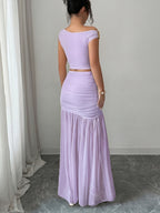 Elegant 2pcs Set for Women, Featuring a Strappy Crop Top and a Slit Maxi Skirt with Metallic Embellishments. The Slim-fit Design Is Perfect for High-end Occasions Such as Dates, Evening Parties, Gatherings, and Vacations - Lavender