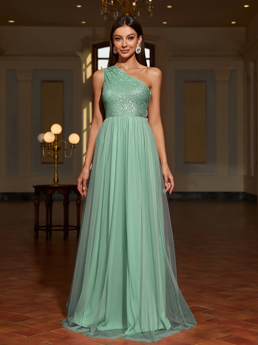 One-shoulder Sequin Patchwork Mesh Dress, Family Gathering Birthday Party Dress, Elegant and Fashionable Dress, Women's Long Dress, Party Dress, New Style, Women's Evening Gown, Host Performance Dress, Bridesmaid Dress, Prom Evening Gown - Pink Greenish