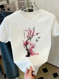 FFDX Women's Graphic T-Shirt, Summer Floral Print, New Round Neck Style - White