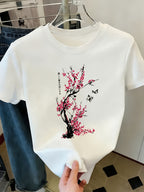 FFDX Women's Graphic T-Shirt, Summer Floral Print, New Round Neck Style - White