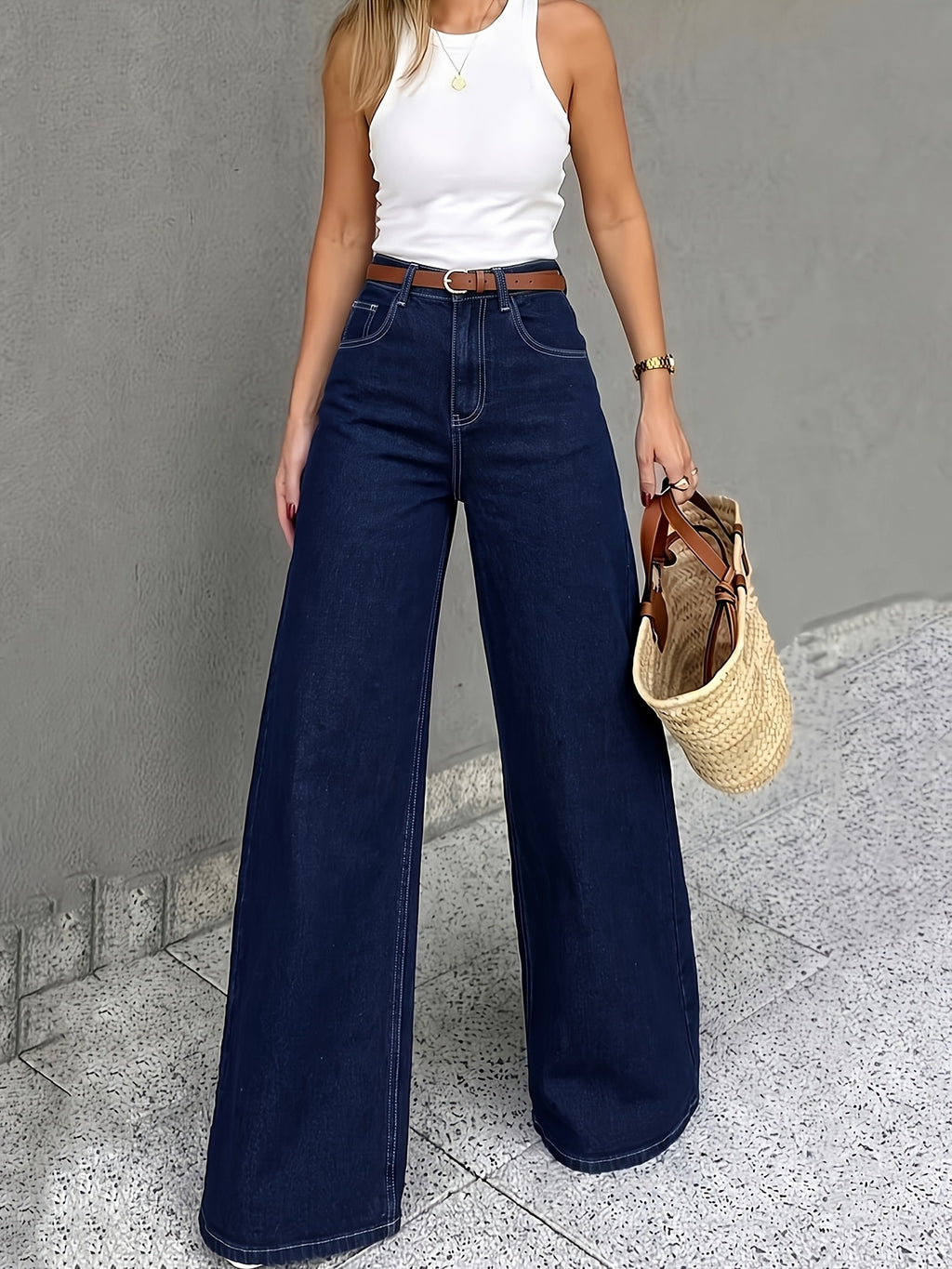 Women'S Stretch Dark Blue/Denim Jeans, High-Waist Relaxed Wide-Leg Jeans, Elegant And Temperament-Enhancing Essential for Outings, Summer Travel - Deep Blue