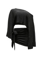 Women's Summer Versatile Elegant Off-Shoulder Top and Skirt 2pcs Set, Cross-Back Top, Fashionable Vacation and Date Outfit Set, Versatile Women's Top, Women's Summer Clothing, Summer Women's Apparel, Base Layer, Dress, Pullover, Long-Sleeve Top - Black