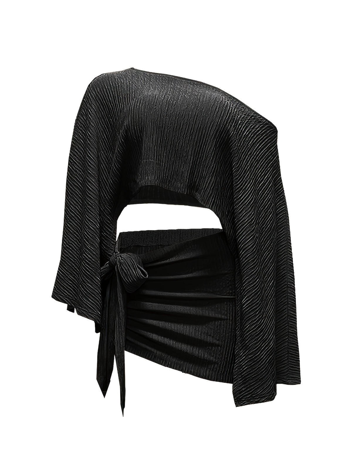 Women's Summer Versatile Elegant Off-Shoulder Top and Skirt 2pcs Set, Cross-Back Top, Fashionable Vacation and Date Outfit Set, Versatile Women's Top, Women's Summer Clothing, Summer Women's Apparel, Base Layer, Dress, Pullover, Long-Sleeve Top - Black