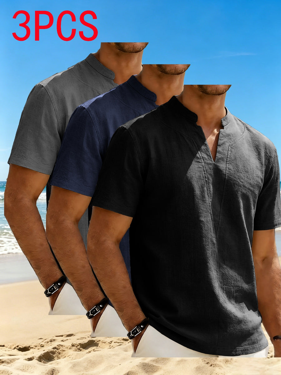 3-pc Men'S Minimalist Summer Casual Shirts, Linen-Feel Short Sleeve Stand Collar V-Neck Pullovers. Soft, Breathable & Loose Comfy Fit, Perfect for Business Casual, Holiday Trips, Weekend Parties And Daily Occasions - Gray+navy+black