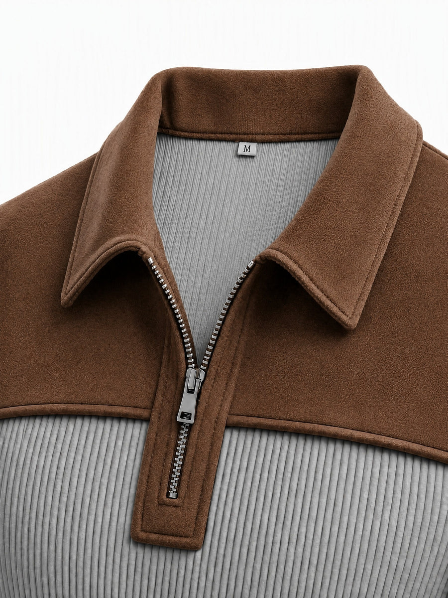 New Christmas Men's Autumn/Winter Brushed Ribbed Cable Knit Sweater, Casual Color-Block Long Sleeve Patchwork Plush Sport Henley Zip-Up Top - Dark Gray