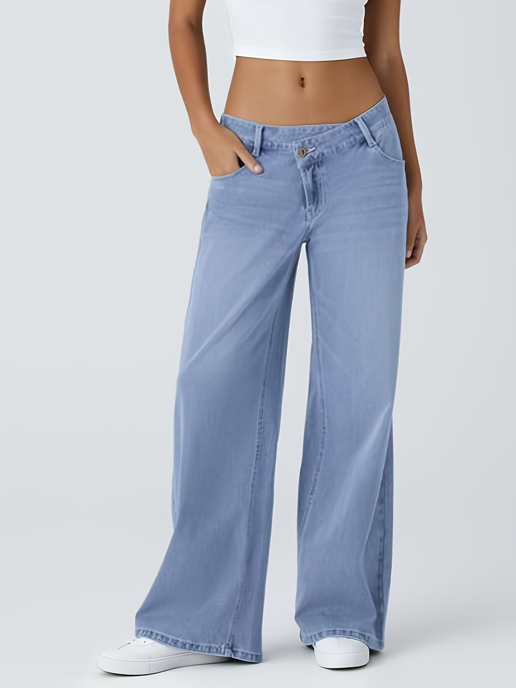 GILIPUR Y2K Women'S Solid Denim Cross Over Low Rise Baggy Wide Leg Jeans, Soft Stretchy Loose Floor Length Denim Pants with Functional Pockets, Casual Streetwear Daily Commute Vacation Outfits for Women Tchic - Blue