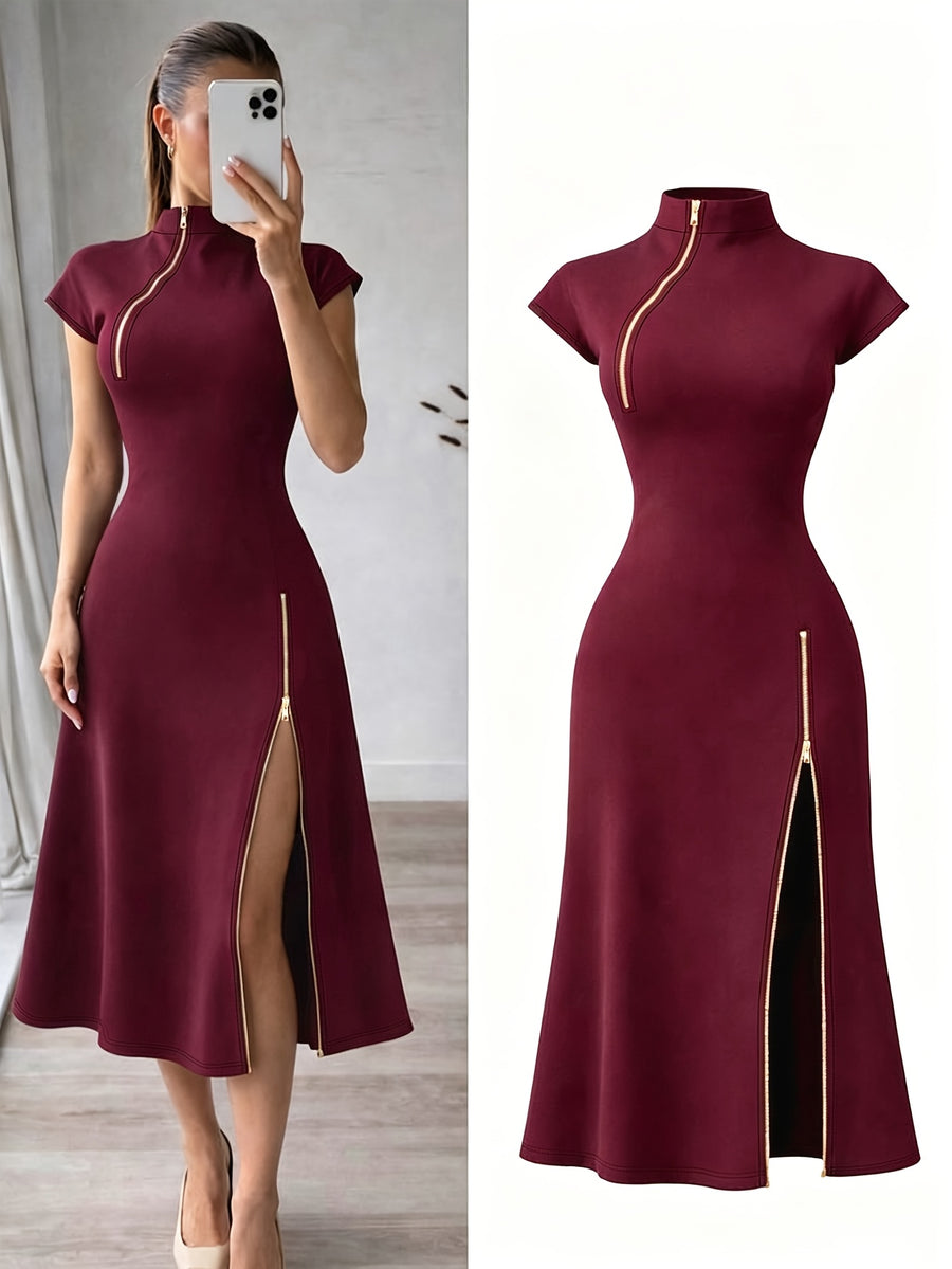 Elegant Women'S Black Golden Zipper Detail Slim Mid-Length Dress, Date Night, Romantic Evening, Holiday Attire, Party, Date, Elegant Party Wear, Elegant Refined Chic Dress - Burgundy
