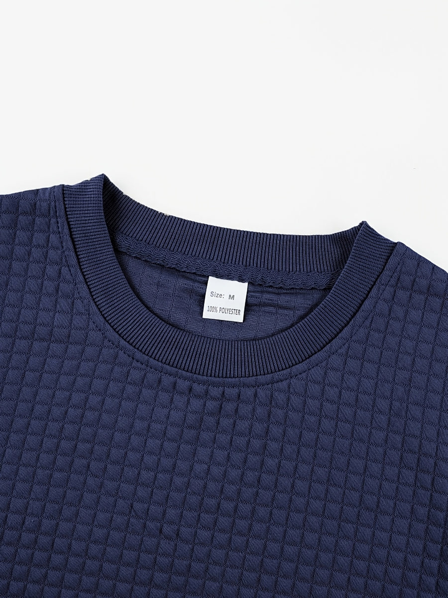 Men'S Waffle Knit Sweatshirt, Crew Neck Long Sleeve Pullover, Textured Grid Fabric, Casual Outdoor Hiking Ski Travel Camping Workout Training Streetwear Fashion Daily Wear Relaxed Fit Winter Autumn Clothing, Navy Blue - Navy Color