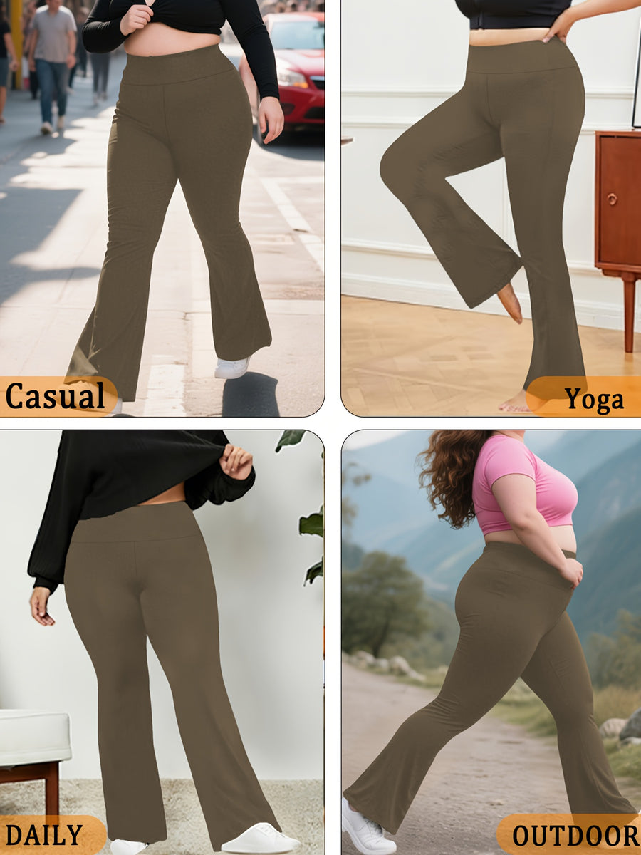 Plus Size Women's Super Soft High Waisted Flare Pants, Leggings Tummy Control Soft Bootleg Bell Bottoms - Coffee Color
