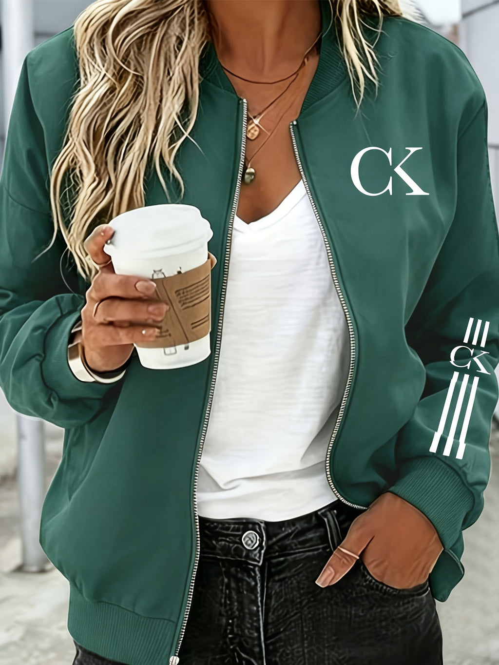 2026 Fashionable Individual Round Neck Design Women'S New Jacket Coat Carnival Letter Pattern Printed Top Casual Open Front Zippered Jacket, Circle - Pea Green Color
