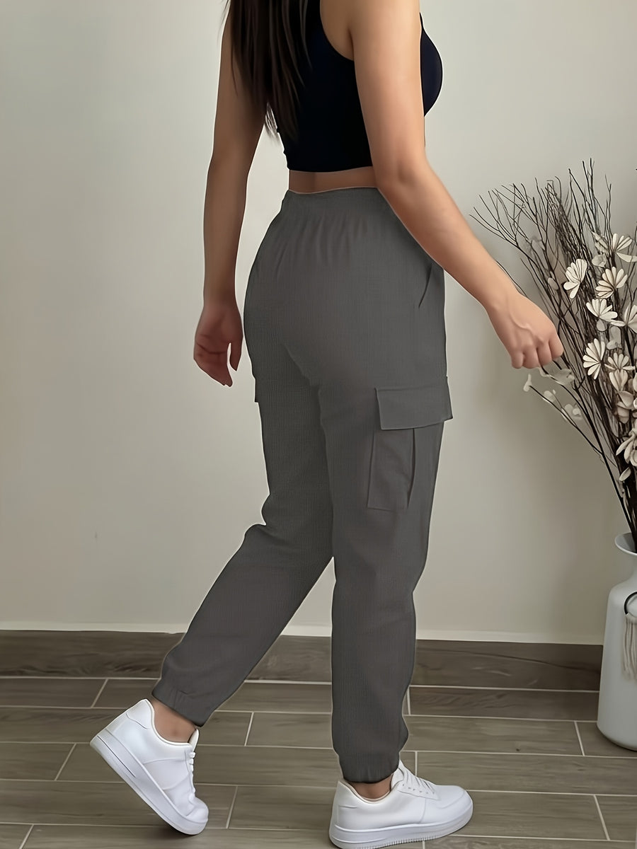Women'S Pocket Drawstring Cargo Pants. Summer Sports Long Pants with Elastic Cuffs Stretchy Casual Fitness Yoga Joggers for Running. Outdoor Cycling - Dark Gray