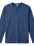Men's Henley Neck Long Sleeve T-Shirt, Spring/Autumn Three-Button Casual Base Layer, Slim Fit Versatile Top with Left Chest Pocket - Navy Color