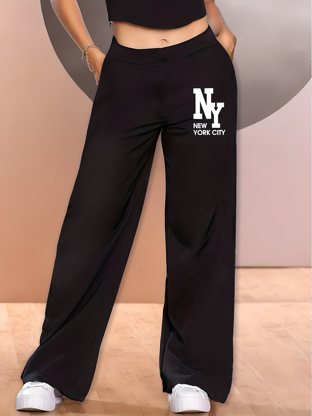 Elegant - 2pcs Women's Wide-Leg Casual Pants, Summer Lightweight Style, Letter Print - Classic Black + Peach