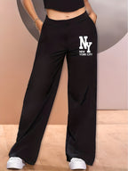 Elegant - 2pcs Women's Wide-Leg Casual Pants, Summer Lightweight Style, Letter Print - Classic Black + Peach