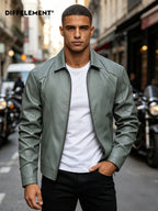 Men'S Lapel Biker Jacket Windproof Wrinkle-Resistant Durable Shaped 3D Cut Body-Shaping Flexible Delicate Fabric Classic Lapel Fitted Short Style Fit Biker Riding Western Street Casual Commuting Curved Seam Zipper Pocket All-Match Outerwear - Bean Green