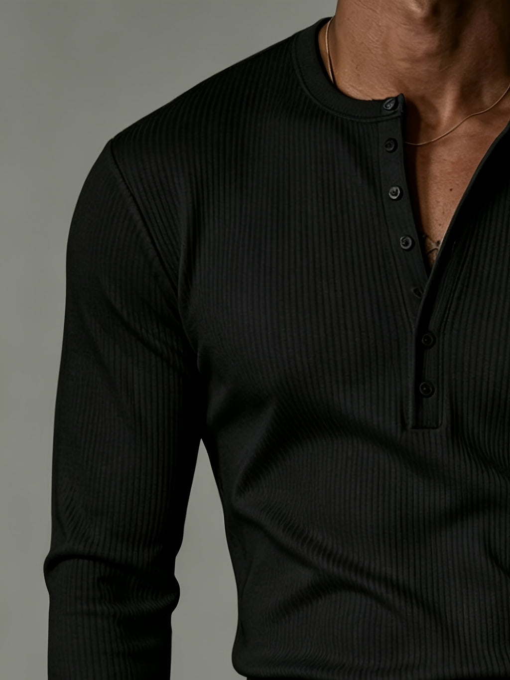 [Josh Mei OBM] French Retro Men'S White Long Sleeve Henley Shirt, Knit Inner Layer Outer Wear Base Layer, Elegant Open Cardigan Round Neck Design, Temperament Casual Top - Black