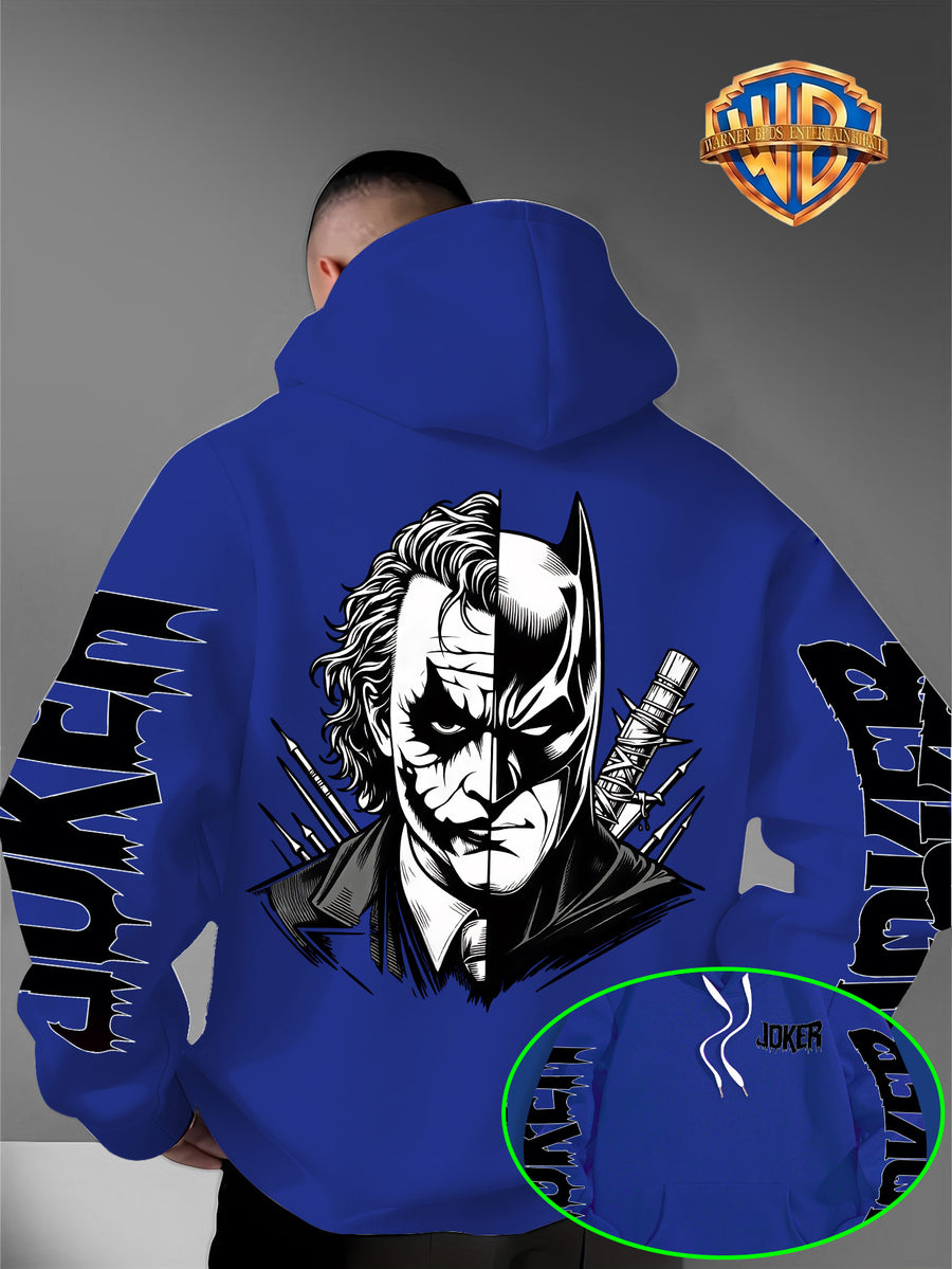 Men'S Warner DC Comics Enthusiast Autumn Winter Hooded Sweatshirt, Batman Joker Half-And-Half Black White Sketch Double-Sided Print Loose Casual Hoodie, Suitable for Superhero Fans, Campus Daily Outings, Casual Shopping - Blue