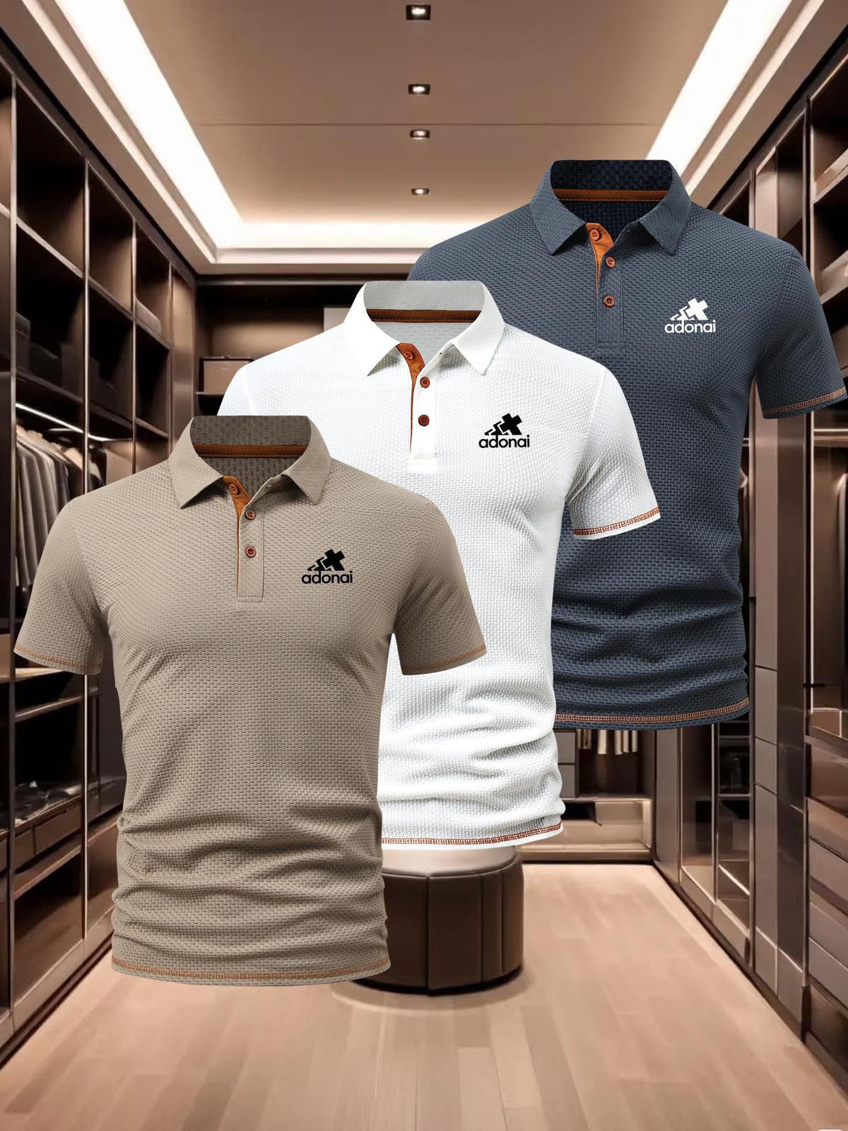 Middle-Aged Men'S Polo Collar Summer 3pcs Set Short-Sleeve Polo Shirts, Cross-Ado Pattern, Caramel Brown 3-Button Placket, Tricolor Waffle Fabric, Commuter Outdoor Breathable Men'S Clothing - Khaki
