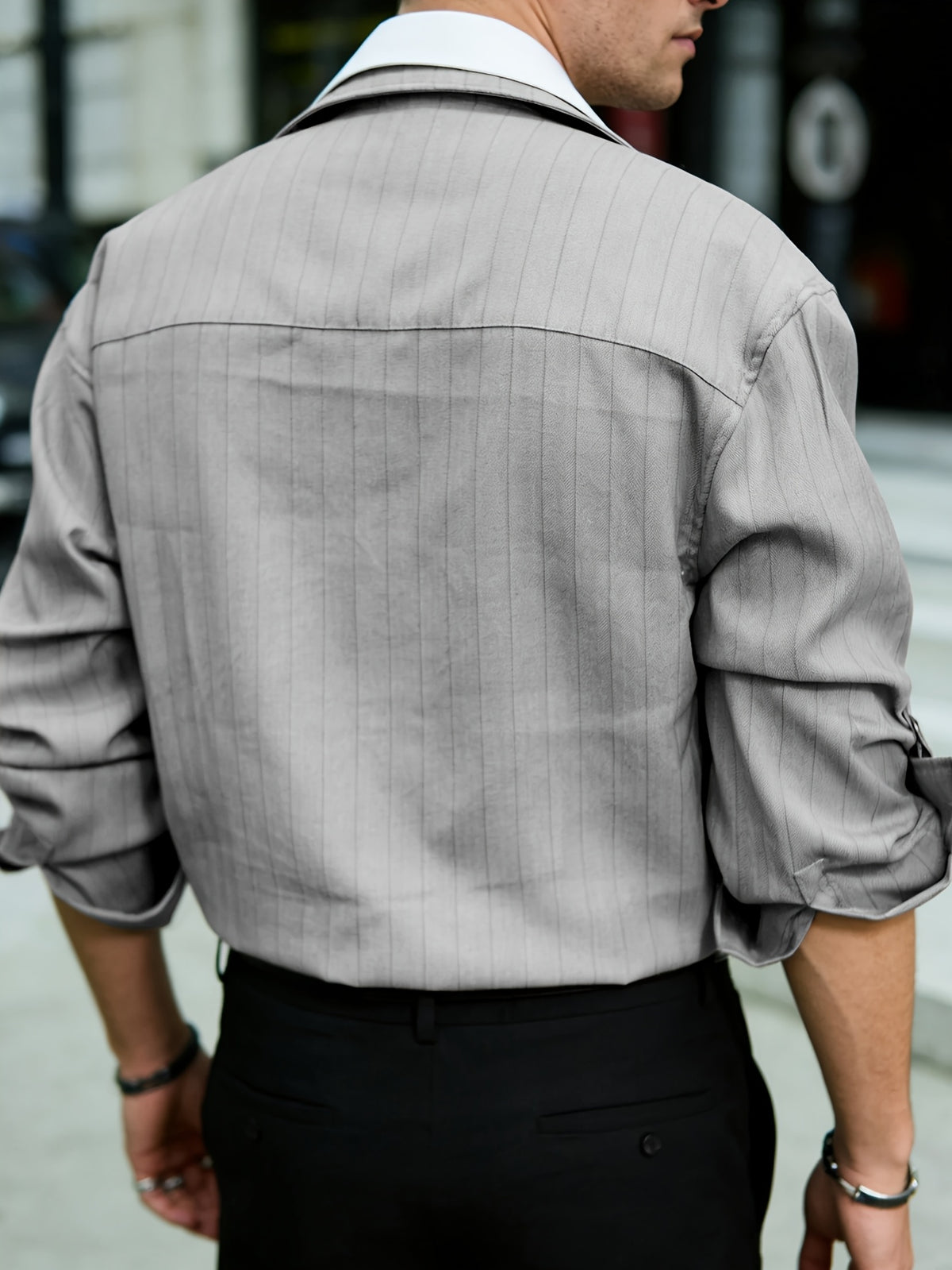 Men's Casual Striped 2-in-1 Look Shirt with Lapel Collar, Button-Up, Long Sleeves, and Rolled Hem Top for Business, Daily, and Street Fashion - Grey