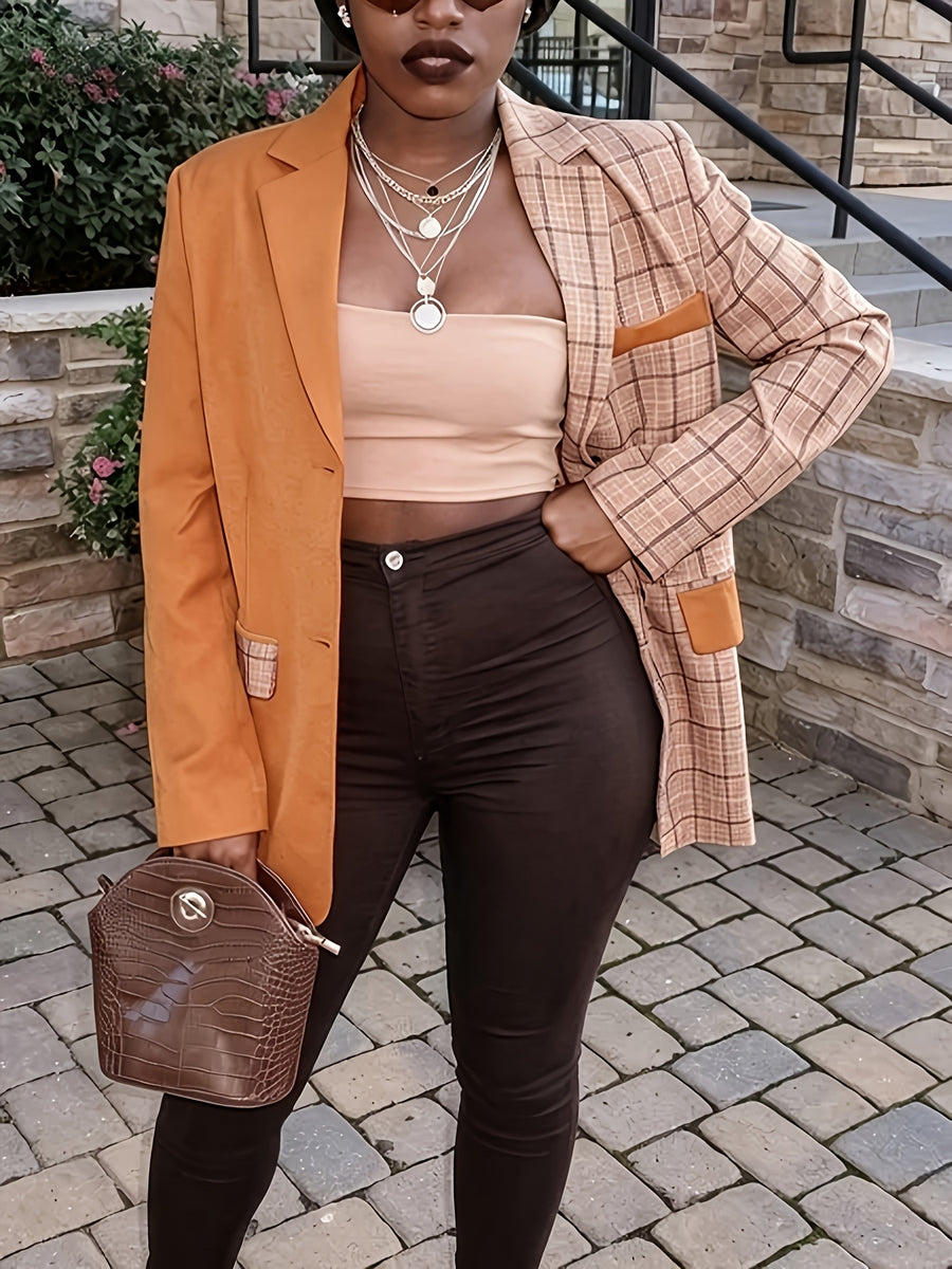 Urban Printed Plaid Lapel Suit Jacket, Color-Block Checkered Casual Suit Coat for Women, Lapel Loose Long Sleeve Commuter Cardigan Suit Top - Mixed colors