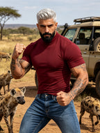 Summer Breathable Solid Color Half-Neck Short Sleeve 2pcs Set Men'S Shaping Slimming High-Elastic Fabric Light Luxury Fashion Fitness Sports Daily Wear Easy Premium Feel Versatile Base Top - Burgundy
