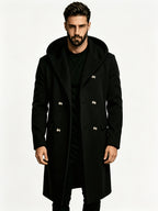 Men's Hooded Double-Breasted Blended Tweed Overcoat, Casual Mid-Length Pointed Hood Jacket, Solid Color Winter Outerwear - Black