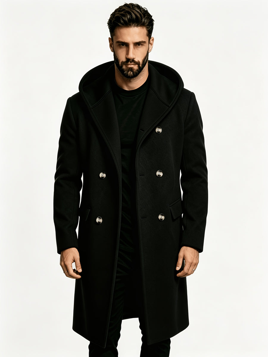 Men's Hooded Double-Breasted Blended Tweed Overcoat, Casual Mid-Length Pointed Hood Jacket, Solid Color Winter Outerwear - Black