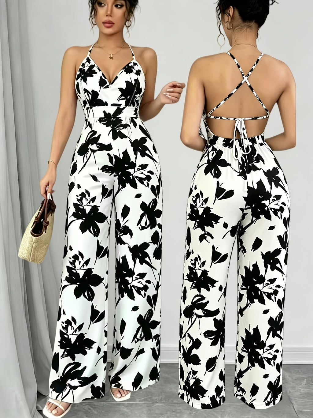 Women'S New Fashion Spring Summer Elegant Backless Casual Printed Cami Wide-Leg Jumpsuit, Vacation Matching Loose Overalls - White