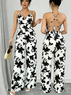 Women'S New Fashion Spring Summer Elegant Backless Casual Printed Cami Wide-Leg Jumpsuit, Vacation Matching Loose Overalls - White