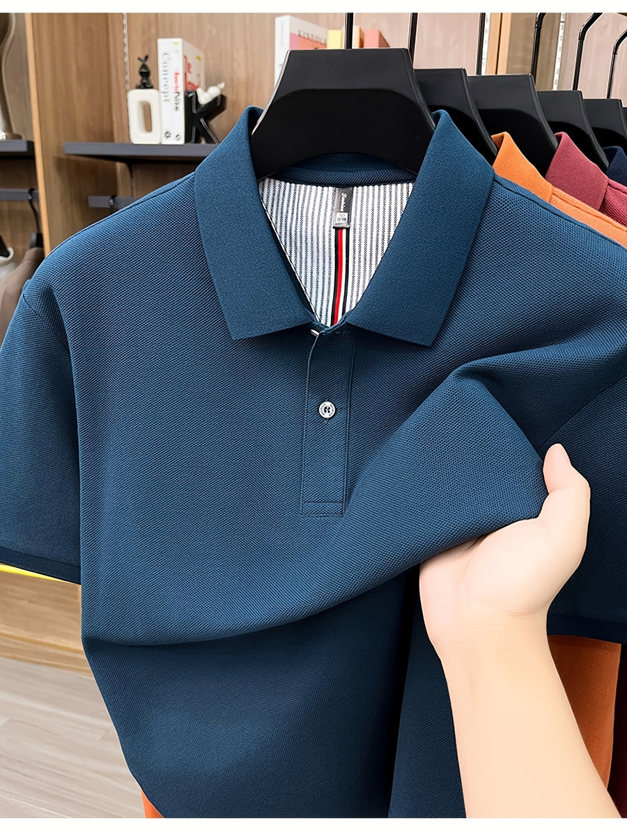 Men's Multi-Color Summer Pearl-Spun Mesh Long-Sleeve Polo Shirt with Contrast Lining and Lapel, Solid Color Simple Design, Skin-Friendly and Breathable, for Business Commuting, Daily Outings, Fishing Leisure, Mid-Life Men's Top - Lake Blue