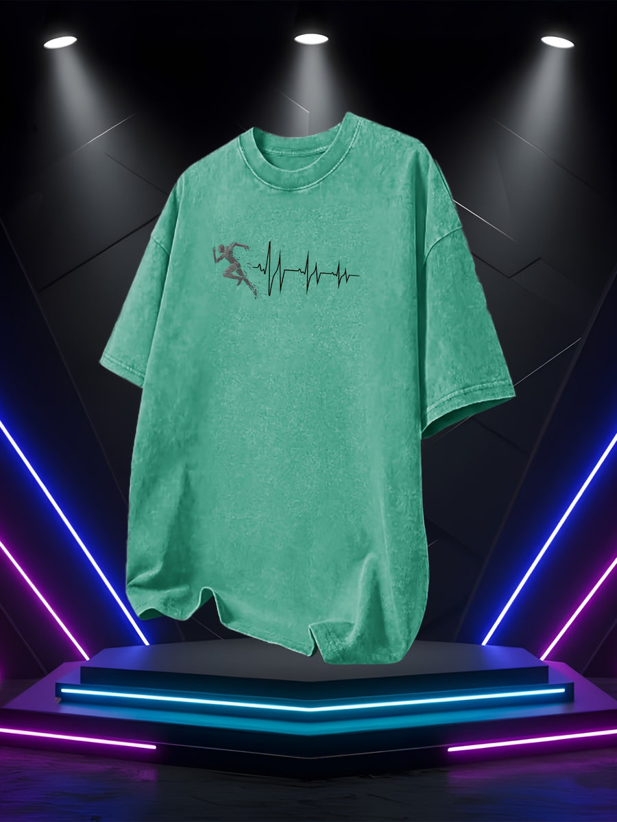 Men's Washed Short-Sleeve T-Shirt, Made of Pure Cotton Fabric That Is Breathable and Skin-friendly. The Relaxed Fit Is Comfortable and Versatile. Features a Creative Print of a Runner on the Front + EKG, Combining Athletic Passion with the Rhythm - Green