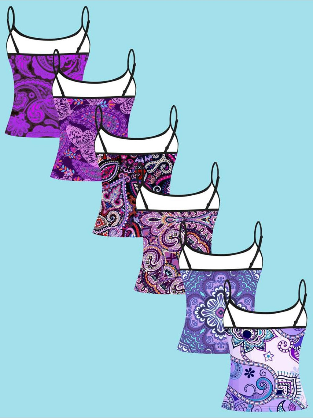 Women'S Camisole Vest 6pcs Set, Mixed Paisley/Floral Patterns, Fabric, Thin Black Straps And Fitted Design, Multiple Sizes Available, Ideal for Casual Wear And Fashionable Pairing - Mixed colors