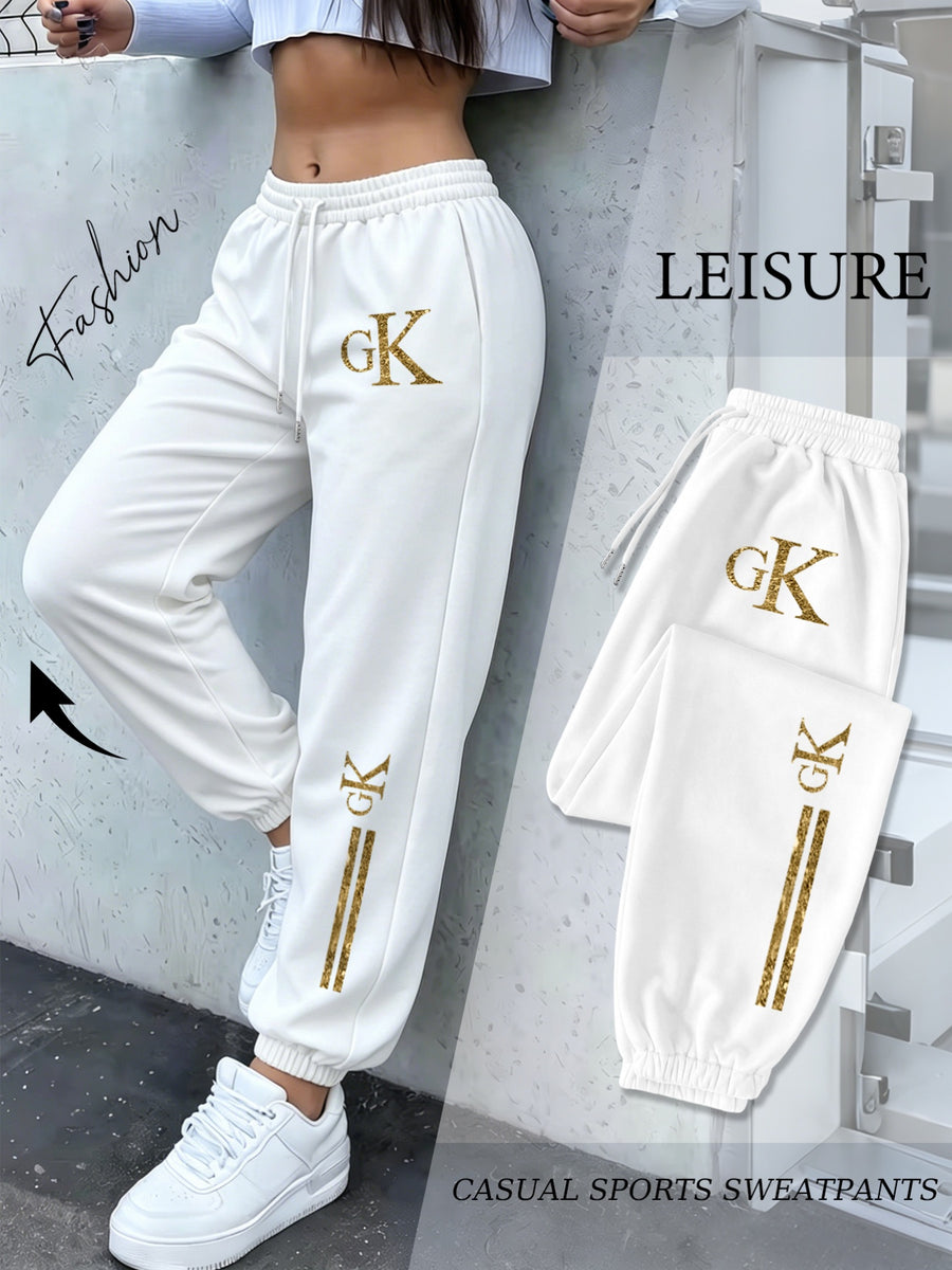 Women'S Drawstring Ankle-Cinching Sweatpants GK Letter Hot-Stamped Textured Striped Printed Casual Jogging Trousers - White