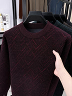 Men'S Semi-High Neck Sweater Autumn Winter Fleece Thick Warm Knitwear Middle-Aged Jacquard Pullover Base Layer - Burgundy