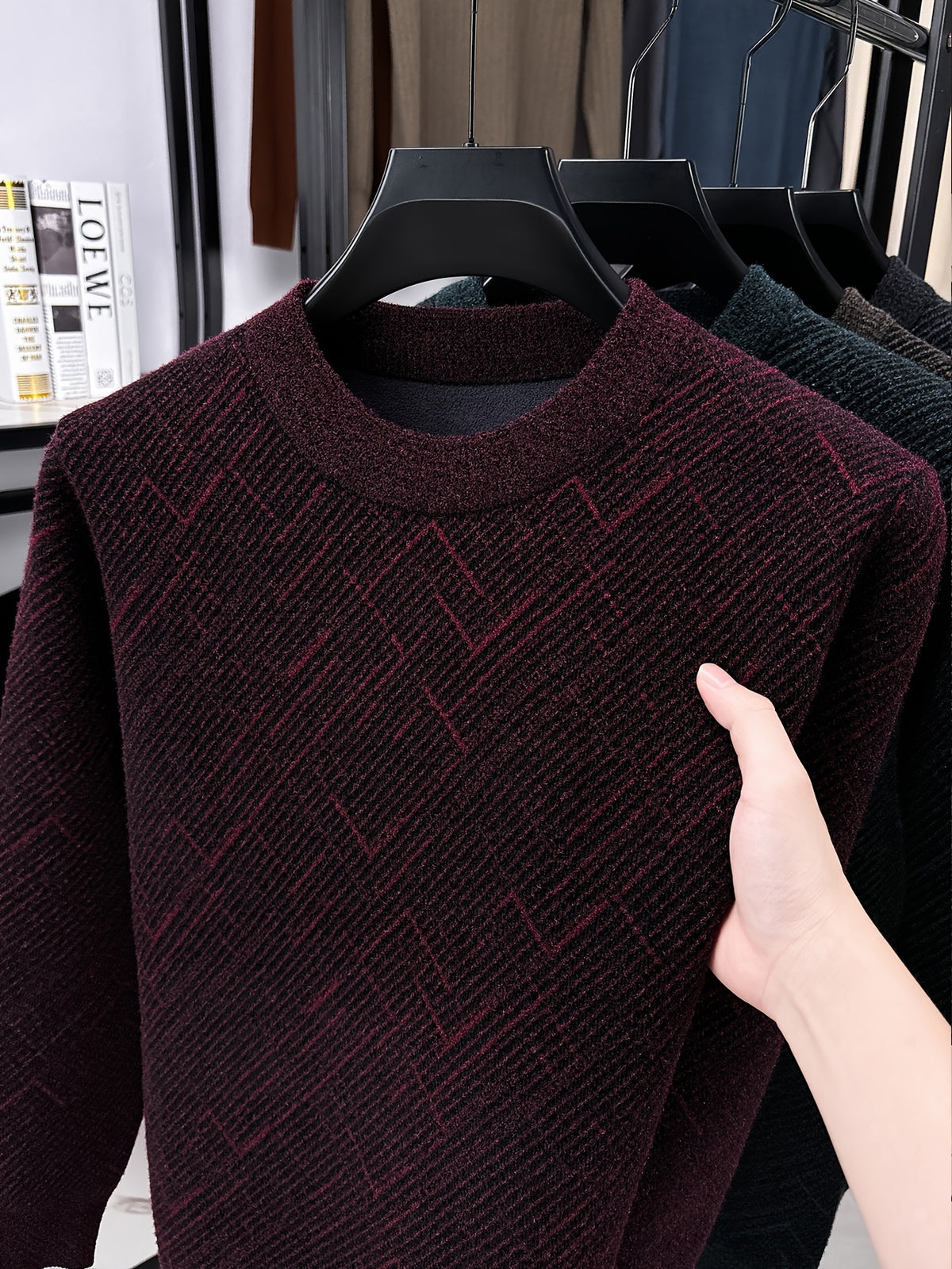 Men'S Semi-High Neck Sweater Autumn Winter Fleece Thick Warm Knitwear Middle-Aged Jacquard Pullover Base Layer - Burgundy