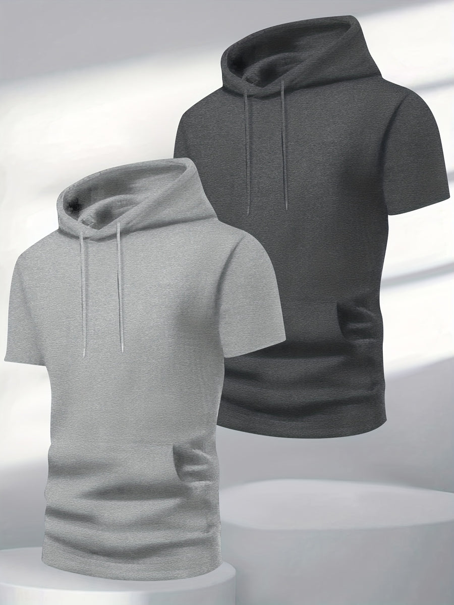2pcs Men's Stylish Versatile Hooded Short-Sleeve T-Shirt with Kangaroo Pocket, Quick-Dry Breathable Casual Sportswear for Outdoor Fitness and Jogging - Mixed Color 2