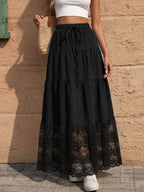 Spring/Summer Solid-Color Drawstring-Detail Cake-Style Long Skirt with Lace Panel Design Perfect for Vacations Casual Wear and Commuting - Black