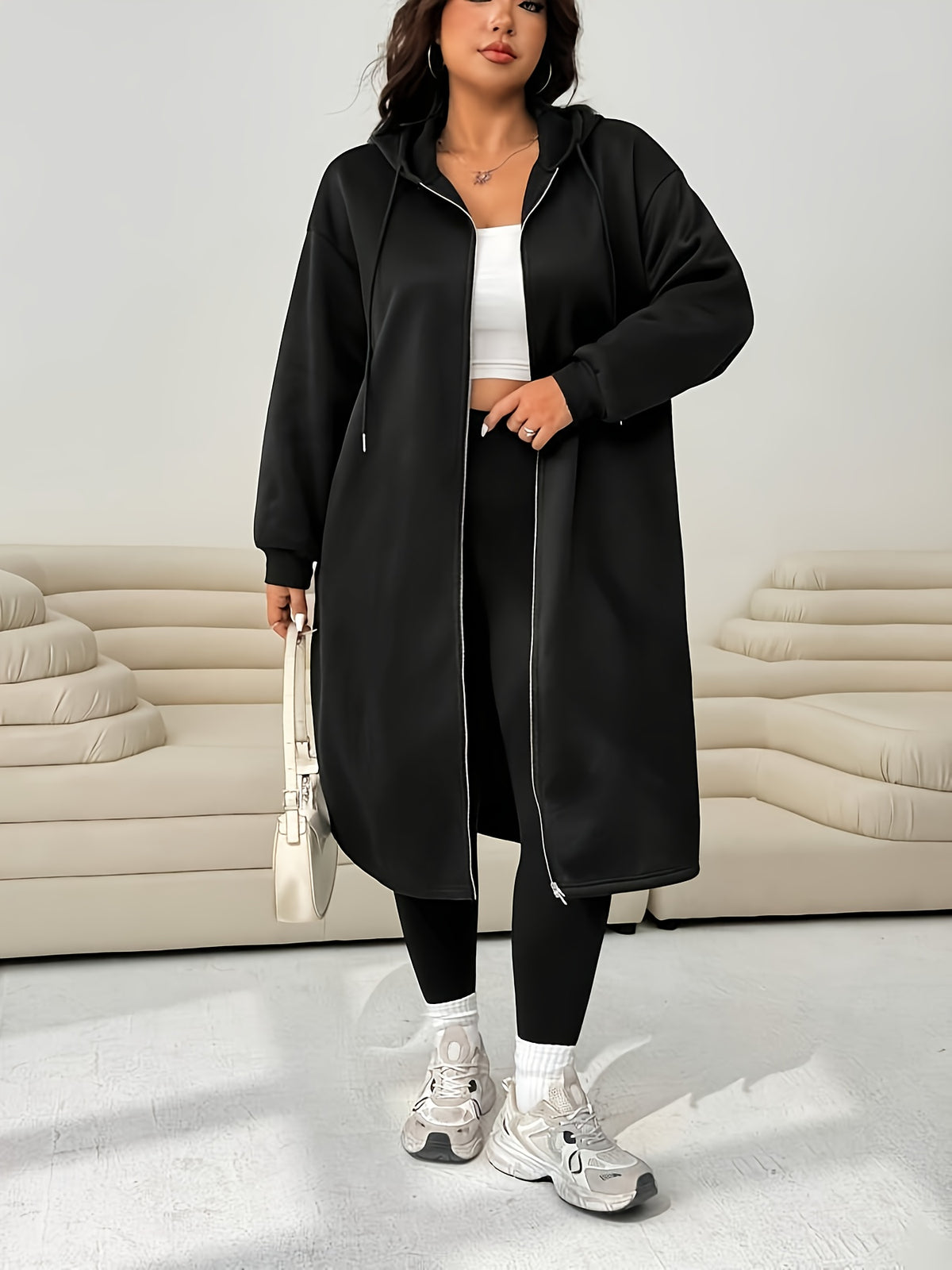 Plus Size Women'S Casual Fleece Jacket, Autumn Winter New Long Sleeve Off-Shoulder Zipper Drawstring Hooded Jacket - Black