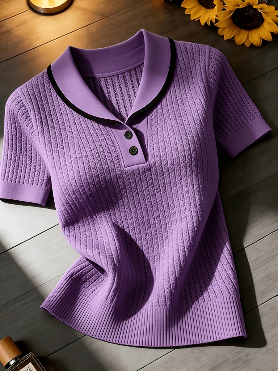 Women'S Summer Clothing Short Sleeve Solid Color Sweater, Lapel Hollow Out Design, Slim Fit Style Pullover, Spring Summer Season - Purple