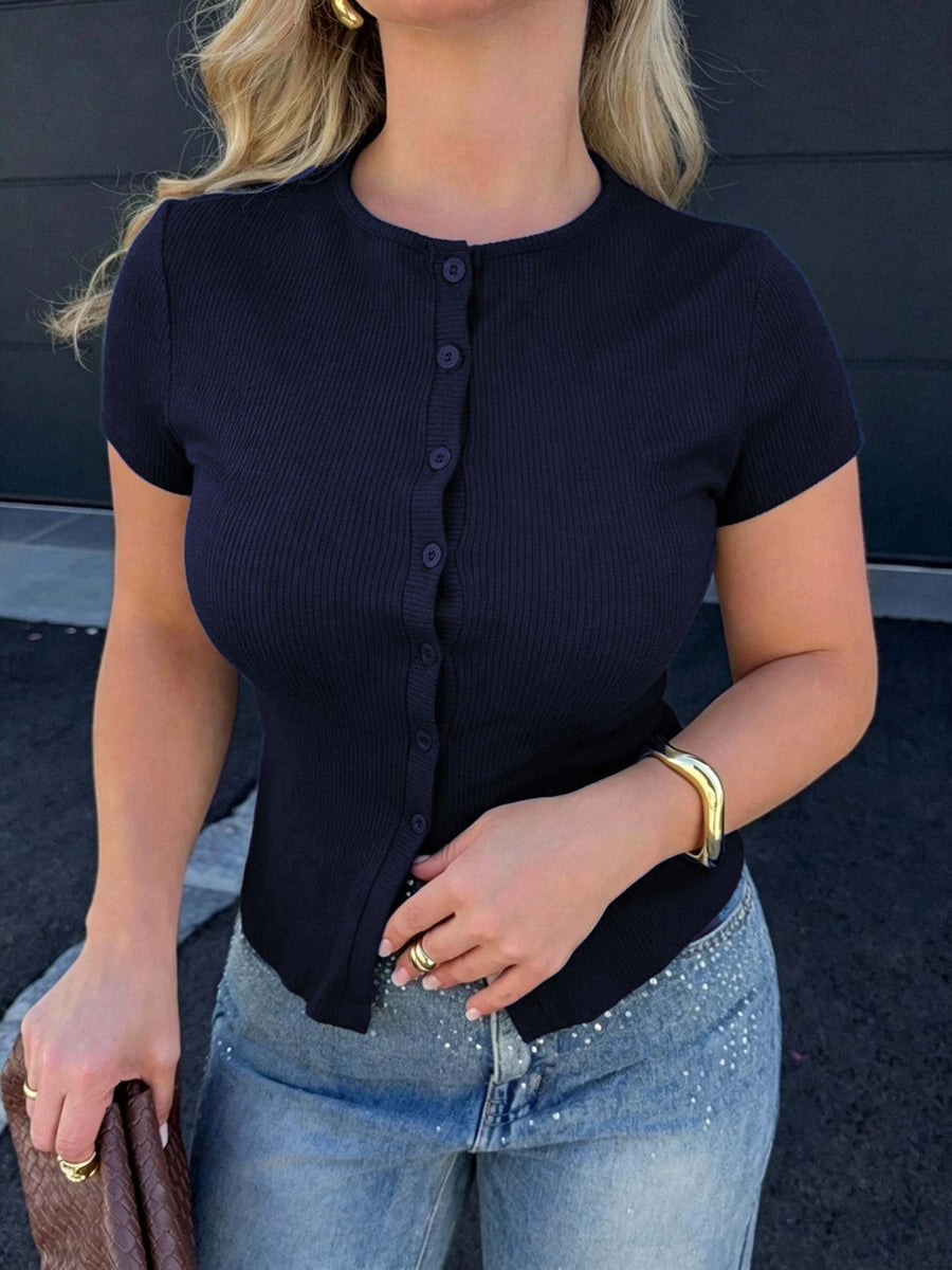Solid Color Slim-Fit Short Sleeve Women's Single-Breasted Ribbed Waist-Cinching Everyday Versatile Commuter Hot Cardigan T-Shirt - Purplish Blue