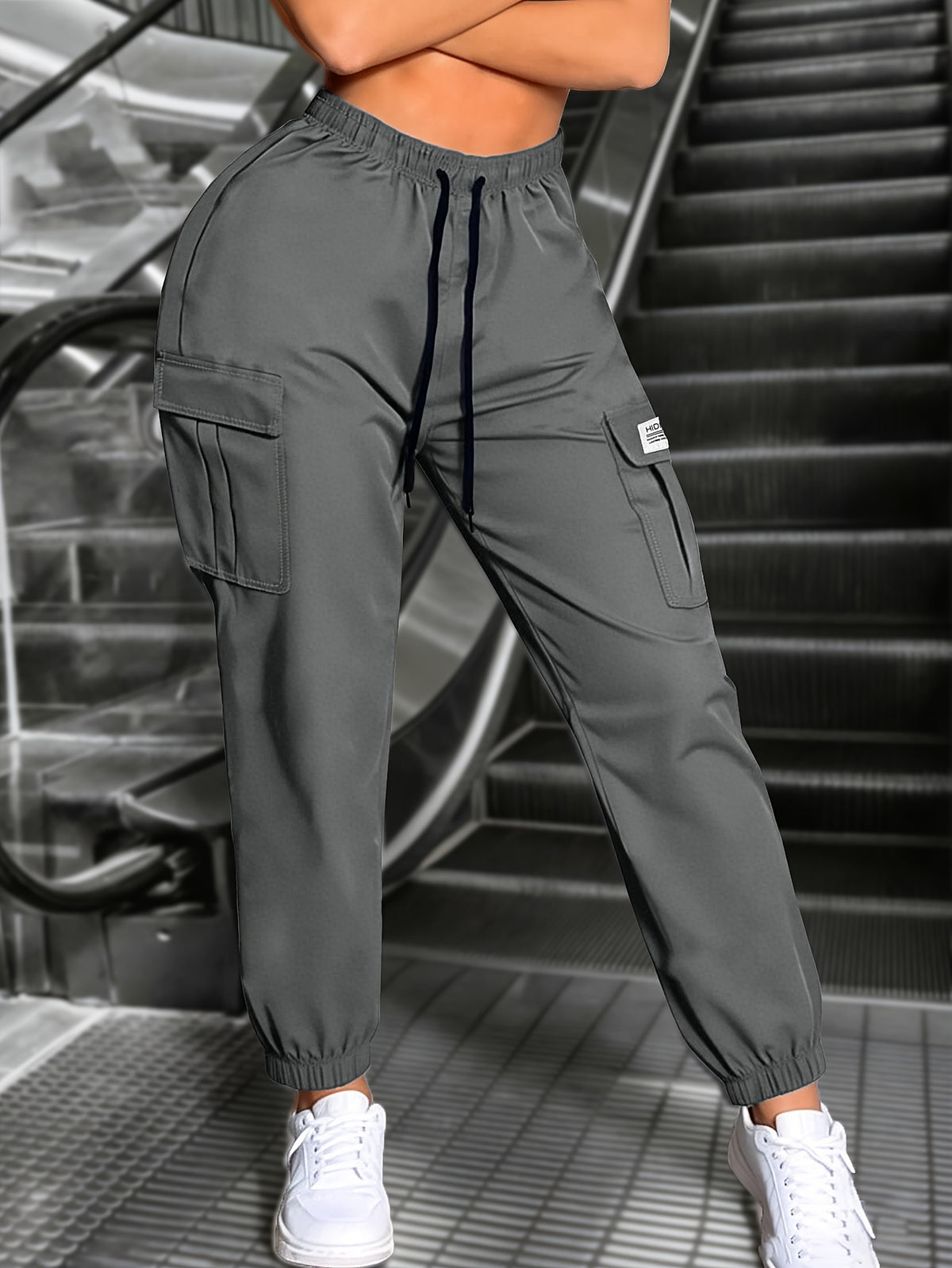 New Spring/Autumn Women's Long Pants, Solid Color Comfortable and Breathable Cargo Pants with Elastic Waistband, Drawstring, Large Pockets, Street Style Pants for Daily Outings and Outdoor Wear - Grey