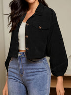 Autumn Winter New Jacquard Lapel Solid Color Coat Women'S Fashion Pinstripe Button Design Casual Jacket - Black