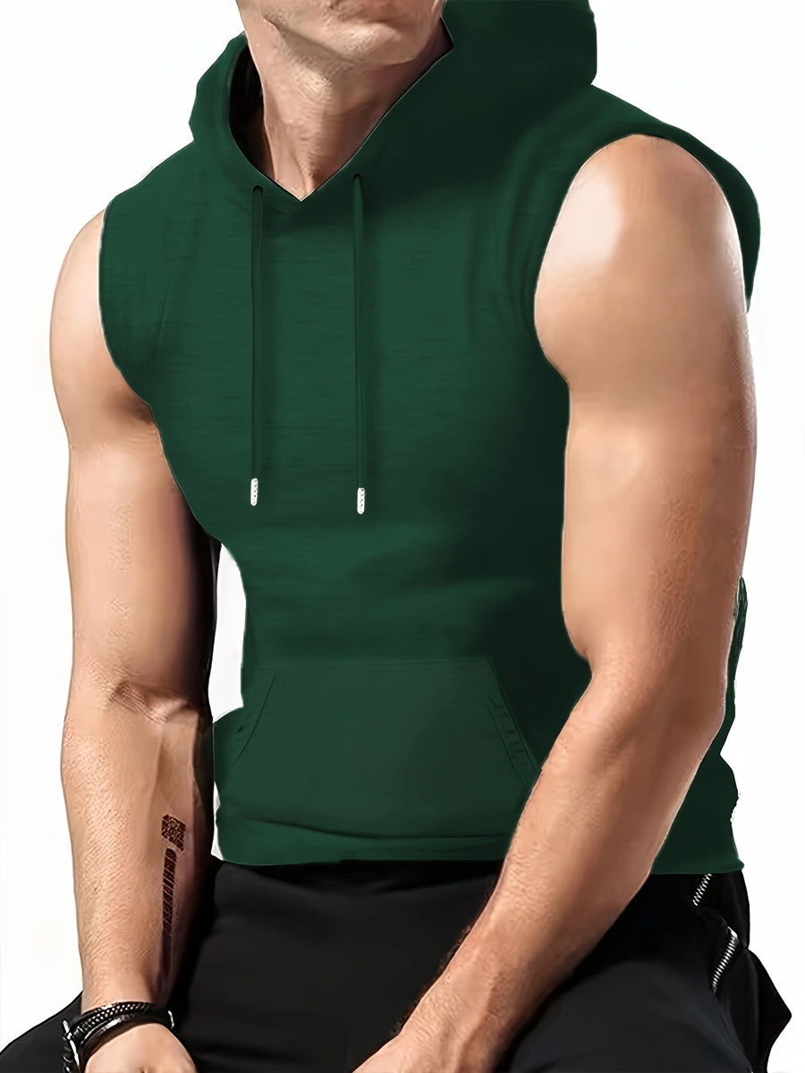 Men's Athletic Hooded Sleeveless Shirt - Gym Workout Top with Hood, Breathable Fabric for Running, Training, Casual Streetwear - Machine Washable Muscle Shirt (Non-Transparent), Workout Clothes, Training Gear, Sporty Design, Comfortable Fit, Performance - Dark Green