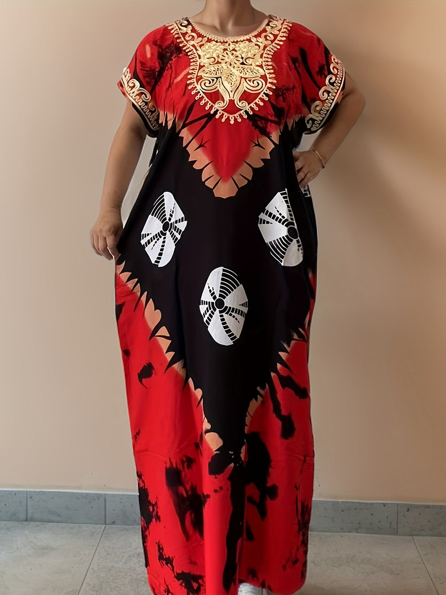 Plus-Size Floral Print Kaftan Dress for Ramadan, Elegant Round-Neck Short-Sleeve Gown for Middle Eastern Women, Women'S Plus-Size Clothing - Scarlet red