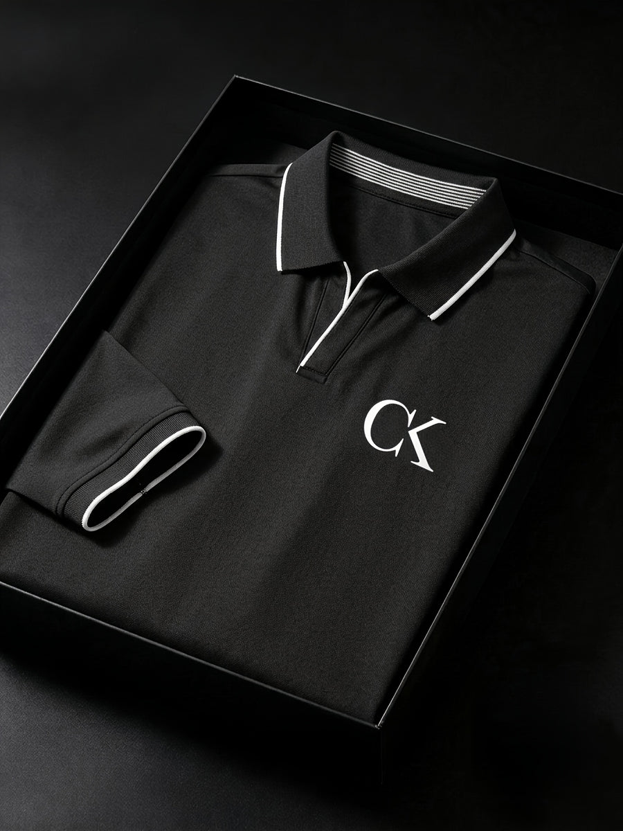 Quick-Dry V-Neck Men'S Golf Polo with Contrast Cuffs, Classic Logo Print, Luxury Contrast Collar, Anti-Pilling Breathable Fabric, Ideal for Sports, Business Casual, Commuting, Golf, And Business Settings - Black