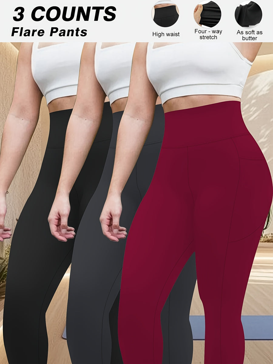 Plus Size - Plus Size - Set of 3 Plus-Size High-Waisted Tight Leggings for Women, Suitable for Outdoor And Workouts. The Fabric Is Highly Elastic, Providing Tummy Control And a Effect. Features Side Pockets for Phone Storage - 1 Black 1 Dark Gray 1 Wine Red