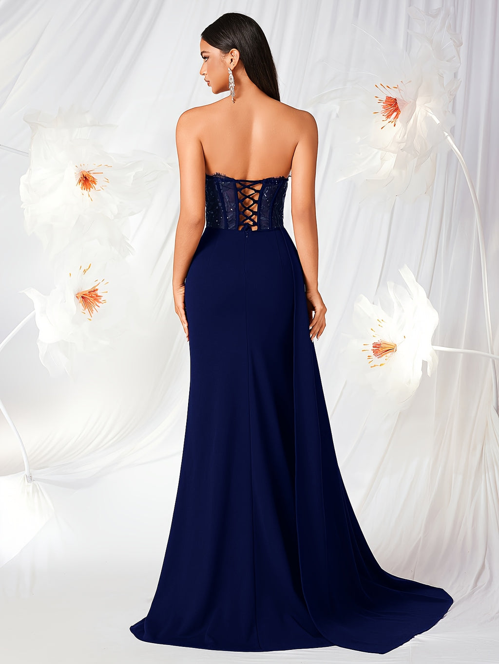 Tube Top with Small V-Neck, Mesh Panel, Sheer Long Ribbon, Slit, and Back Tie for Prom, Party, Formal Dress, Graduation Ball, Birthday Party, Evening Date, Back-to- Party, Wedding Guest, and Formal Dinner - Navy blue color