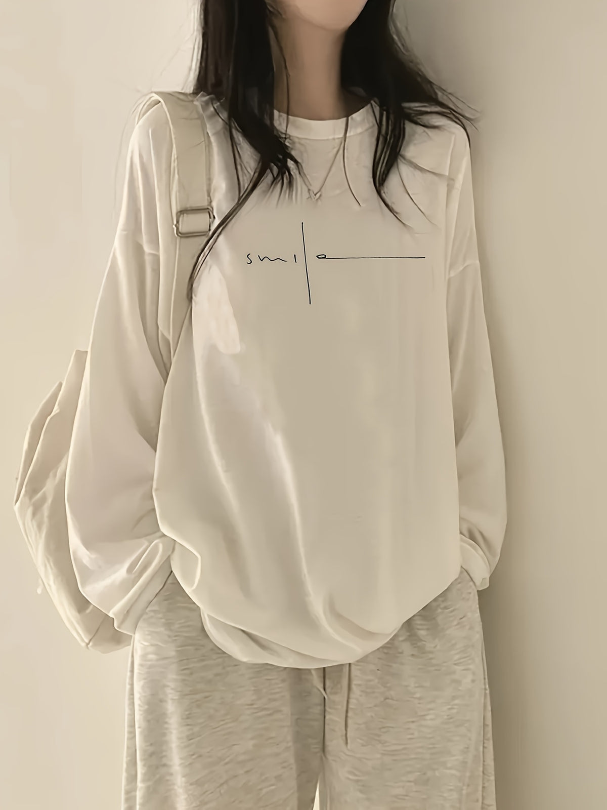 Letter Print Long Sleeve T-Shirt, Casual Long Sleeve - Fabric, Perfect for Fall Winter Comfortable Women'S Fashion - Soft And Breathable, Casual Daily Wear - White