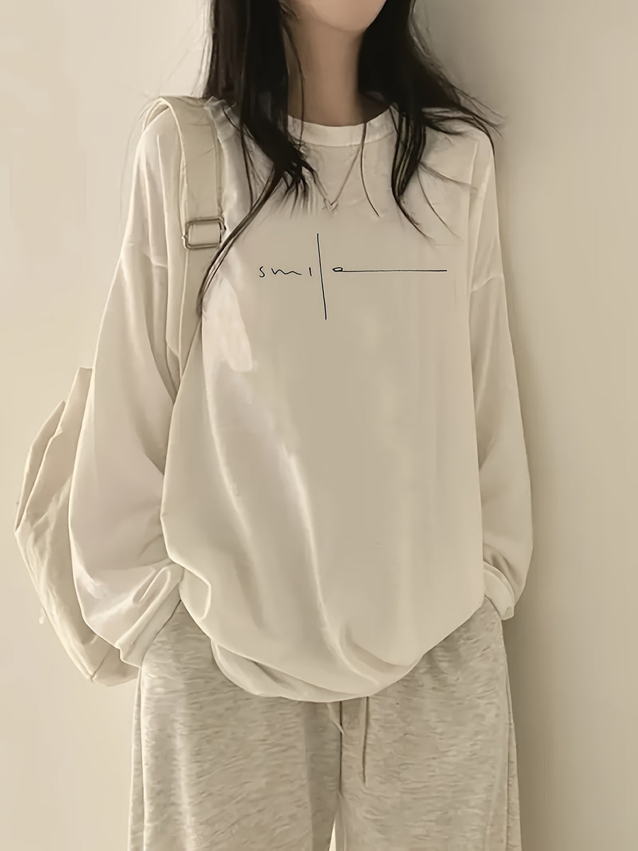Letter Print Long Sleeve T-Shirt, Casual Long Sleeve - Fabric, Perfect for Fall Winter Comfortable Women'S Fashion - Soft And Breathable, Casual Daily Wear - White