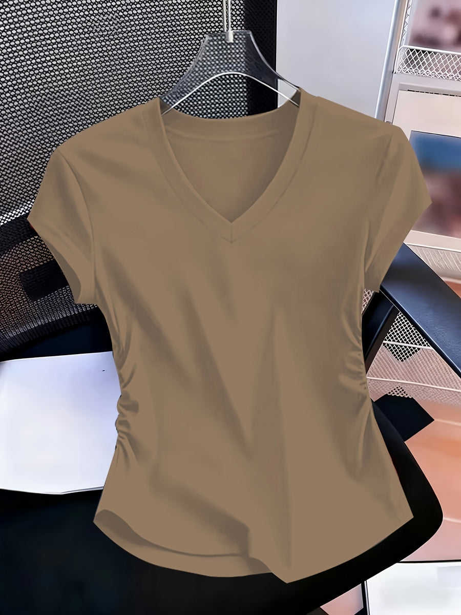 Women'S 3pcs American Retro Casual V-Neck Short Sleeve T-Shirt Spring Summer Slim Short Sleeve Waist Ruched T-Shirt - Mixed Color 2